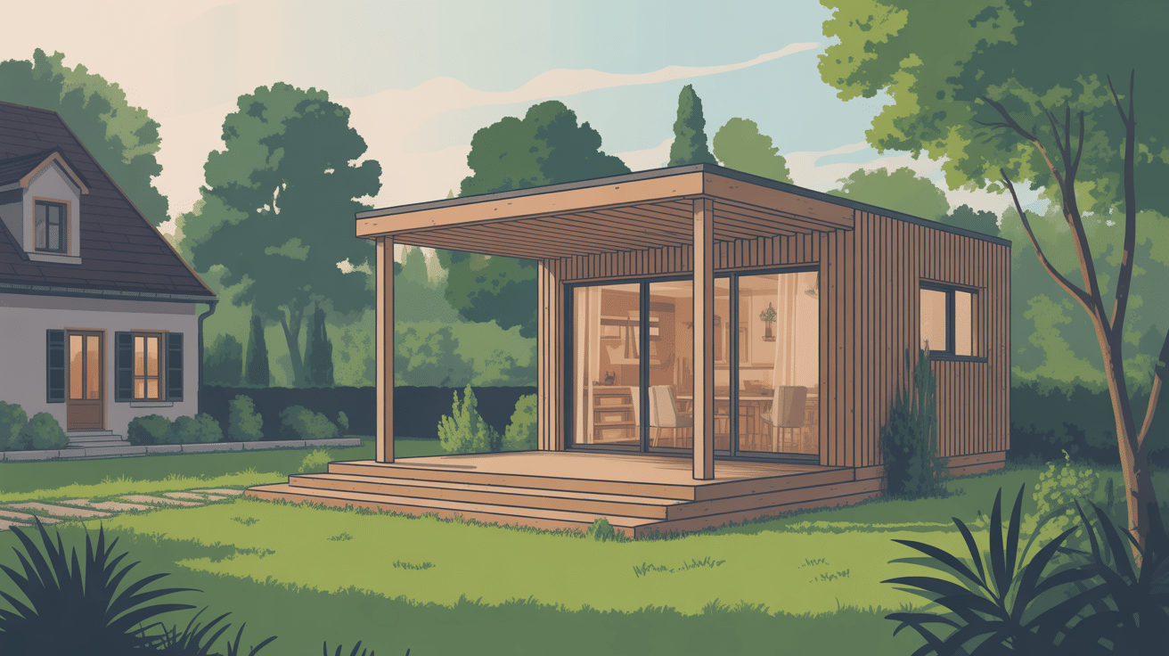 appenti en bois moderne attenant à une maison, lumière douce, ambiance chaleureuse