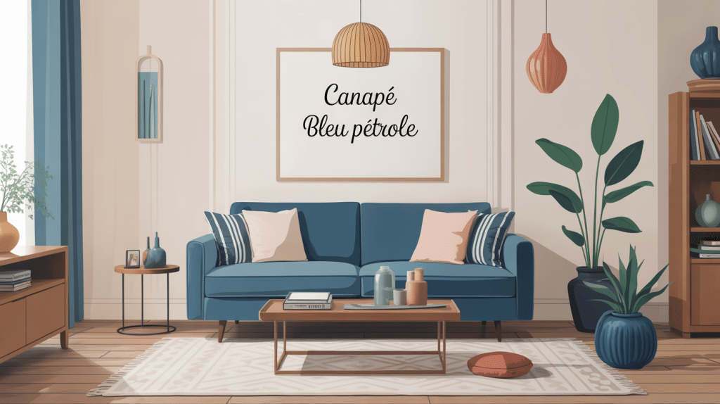 canapé bleu pétrole dans salon moderne élégant