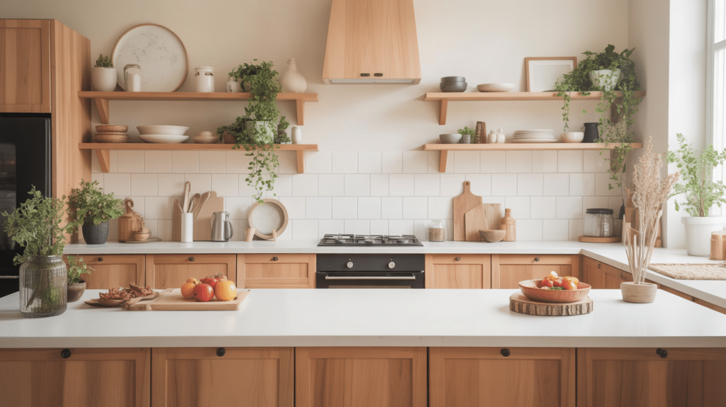 Cuisine bois plan de travail blanc moderne harmonie lumineuse