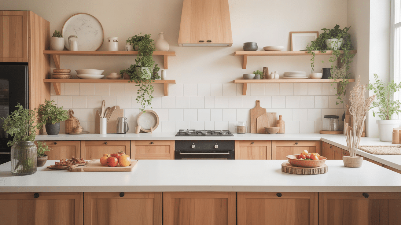 Cuisine bois plan de travail blanc moderne harmonie lumineuse