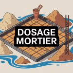 illustration du dosage mortier avec seaux de ciment sable eau sur chantier