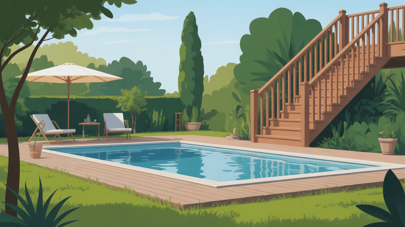 Illustration escalier bois piscine hors sol jardin moderne