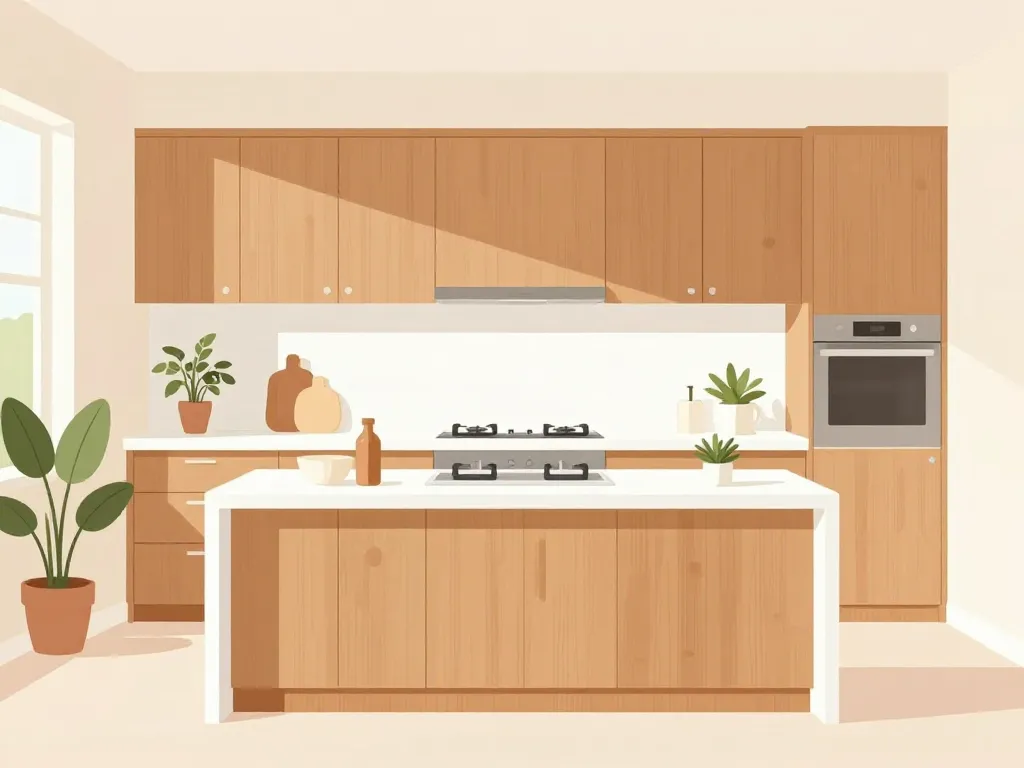 Harmonie cuisine bois plan de travail blanc illustration équilibrée