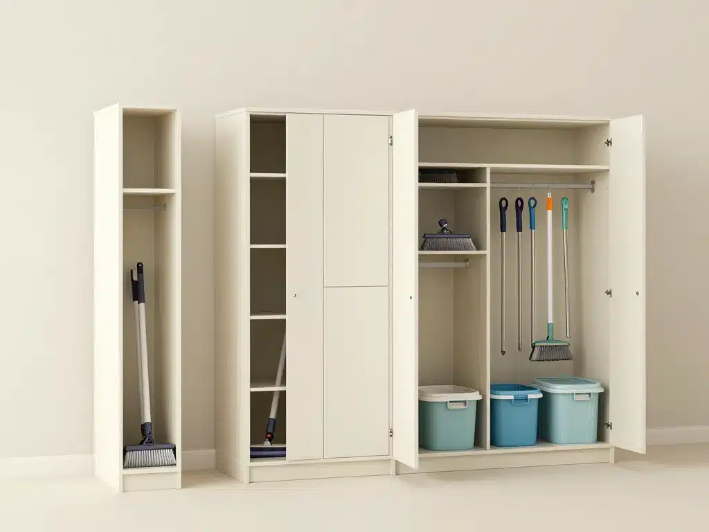 types de meuble range balai et aspirateur ouverts avec accessoires organisés