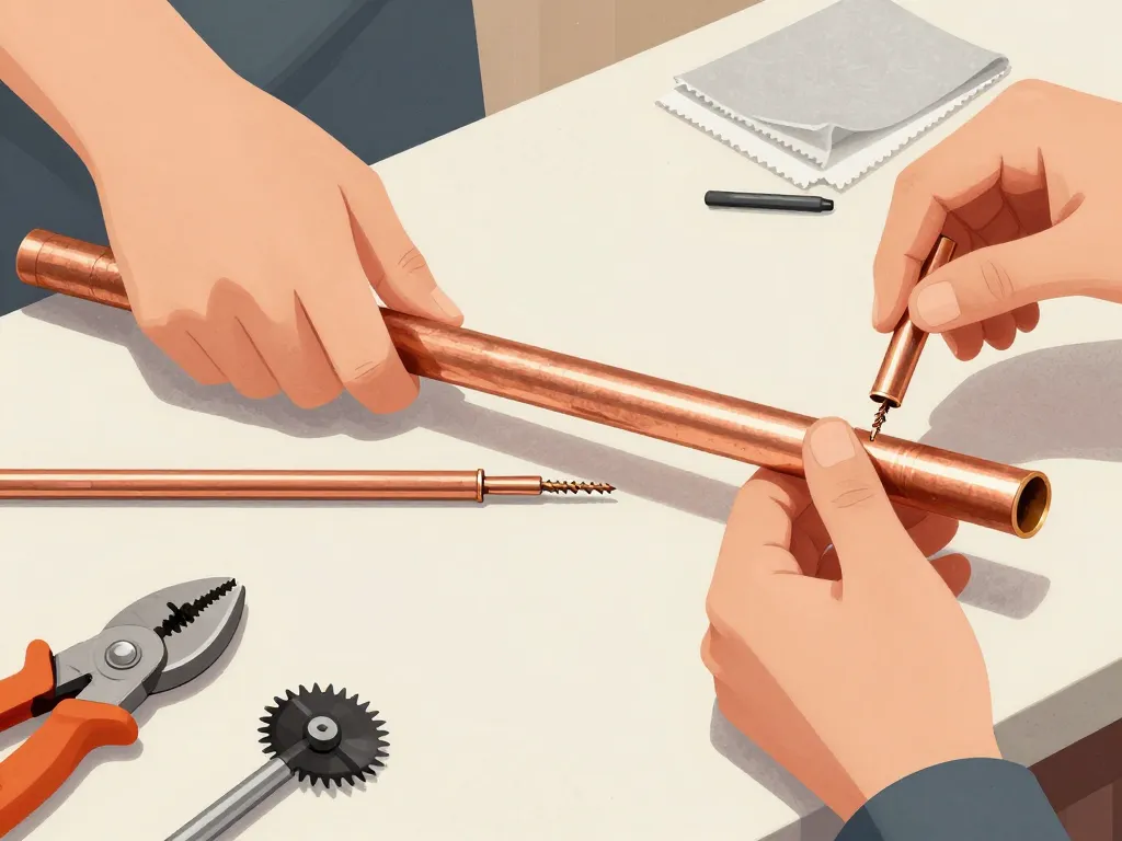 préparation raccord sur tuyau cuivre coupe ebavurage nettoyage