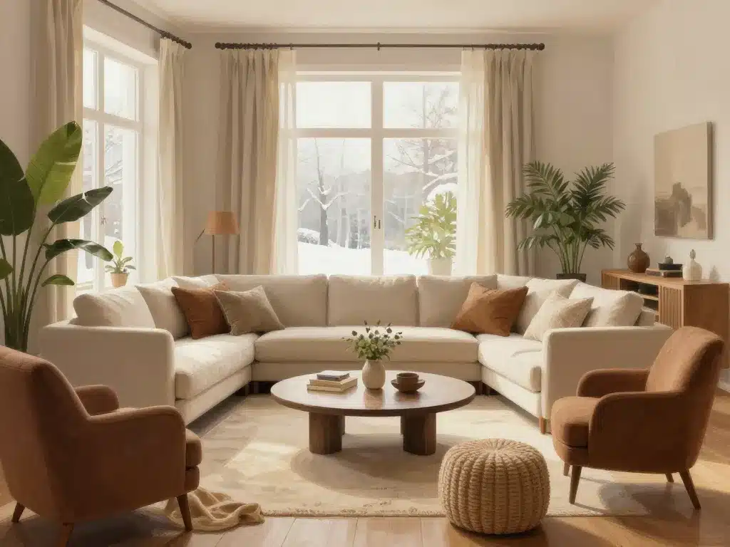 aménagement salon d hiver lumineux avec canapé et bois