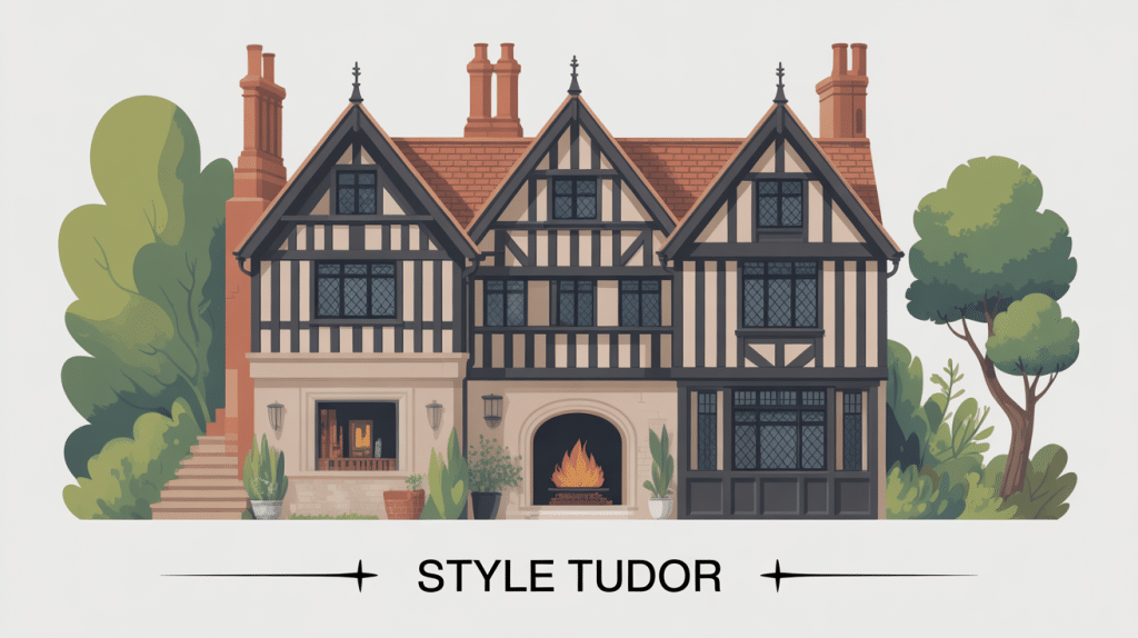 Illustration style tudor avec façade maison et atmosphère chaleureuse