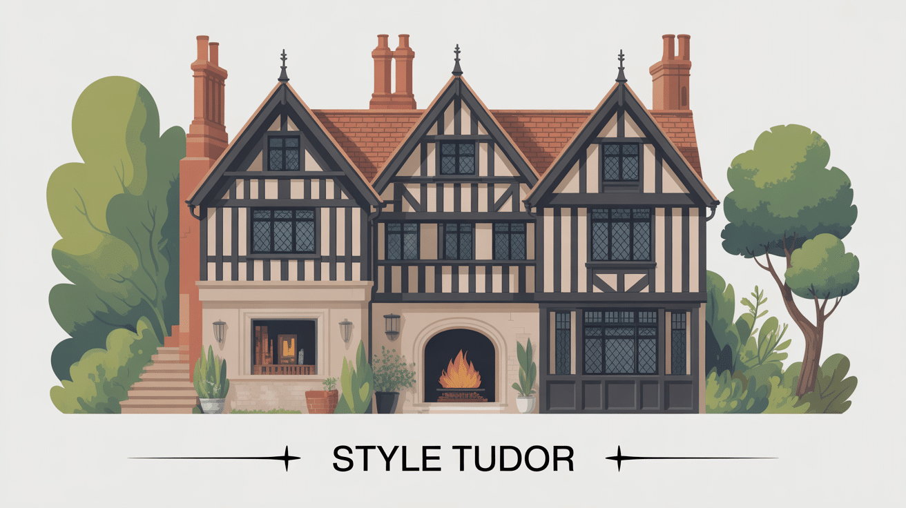 Illustration style tudor avec façade maison et atmosphère chaleureuse