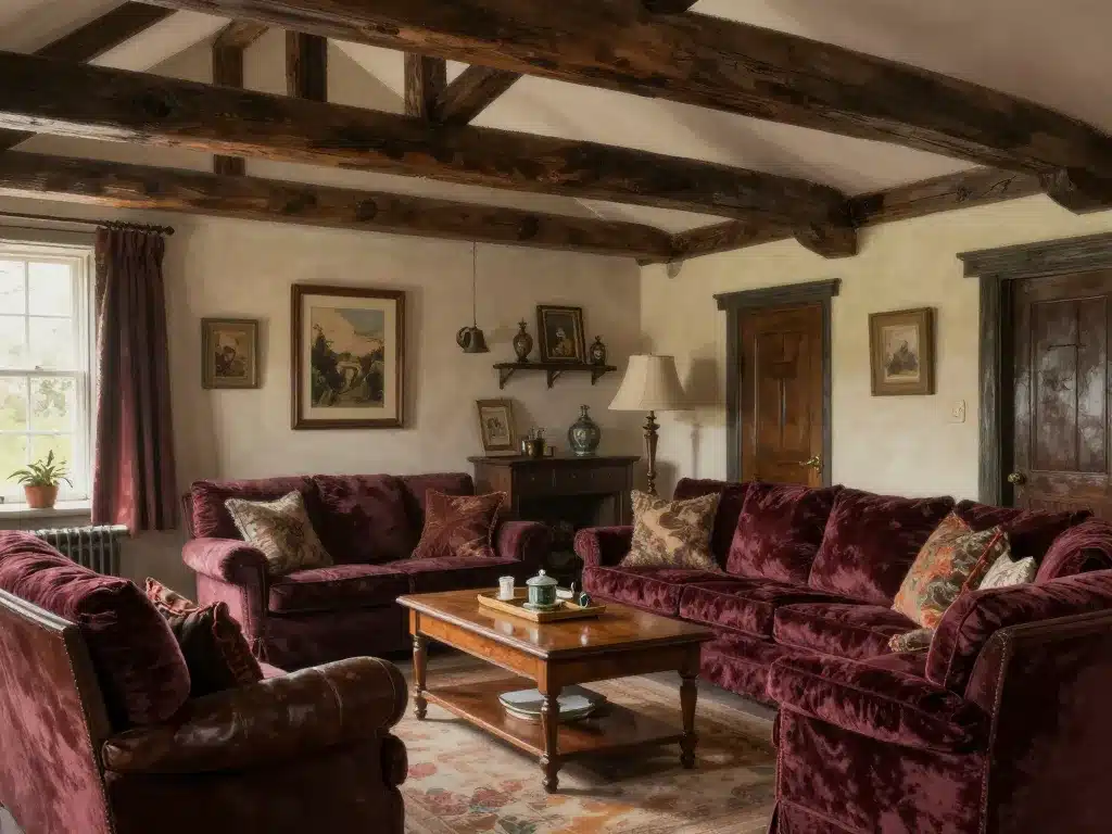 Salon style tudor avec poutres apparentes et mobilier classique