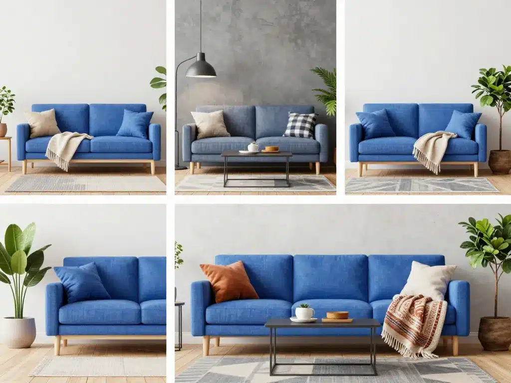 Salon canape bleu styles deco scandinave industriel boheme