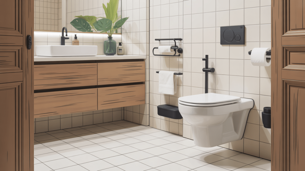 Illustration wc suspendu geberit dans une salle de bains élégante