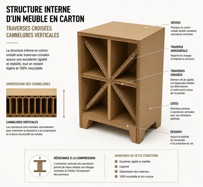 Schéma technique de la structure interne d'un meuble en carton avec traverses croisées