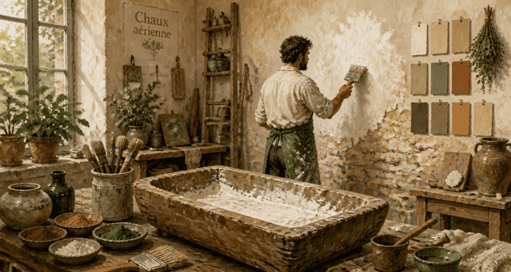 Artisan appliquant de la chaux aérienne