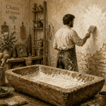 Artisan appliquant de la chaux aérienne