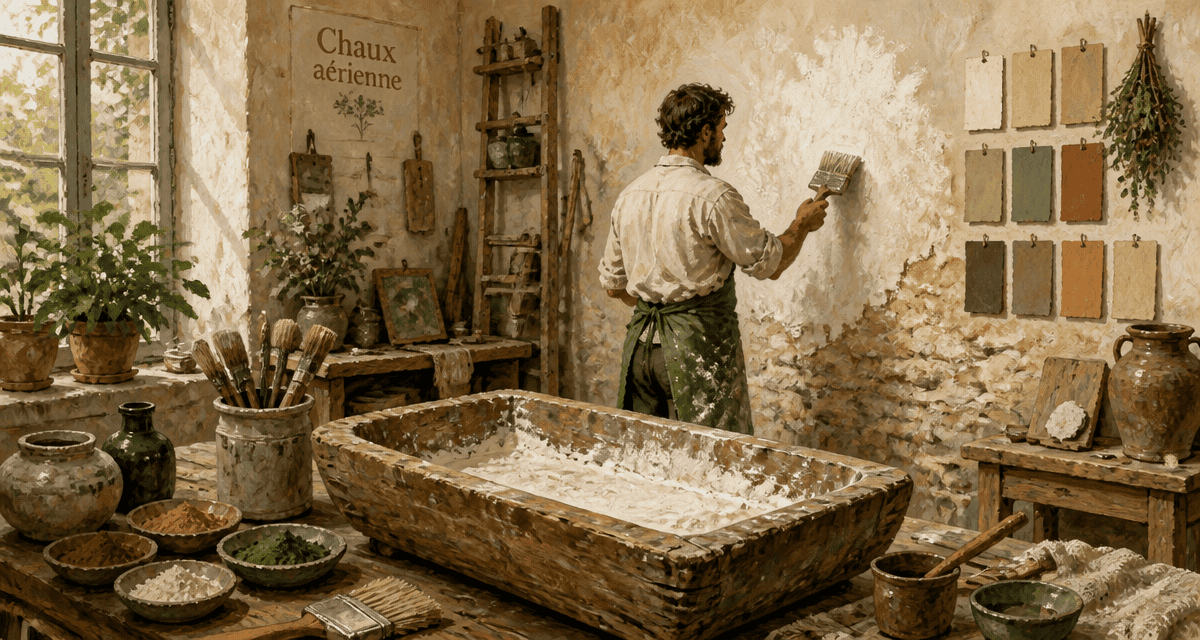 Artisan appliquant de la chaux aérienne