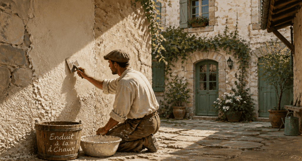 artisan applique chaux enduit sur mur pierre