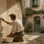 artisan applique chaux enduit sur mur pierre
