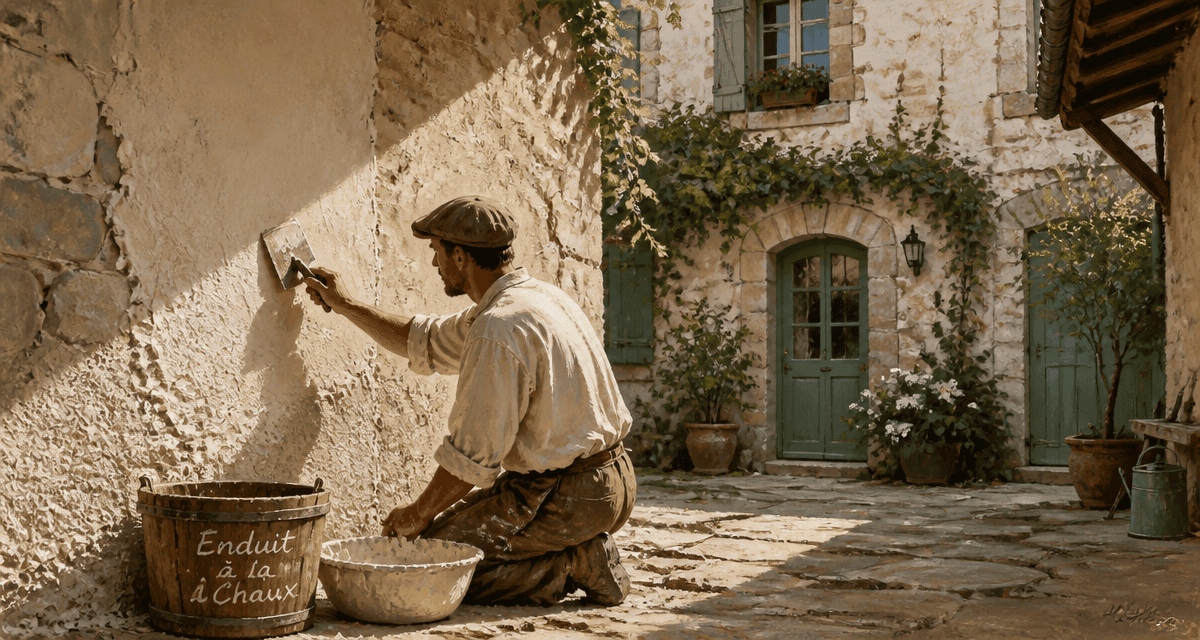 artisan applique chaux enduit sur mur pierre