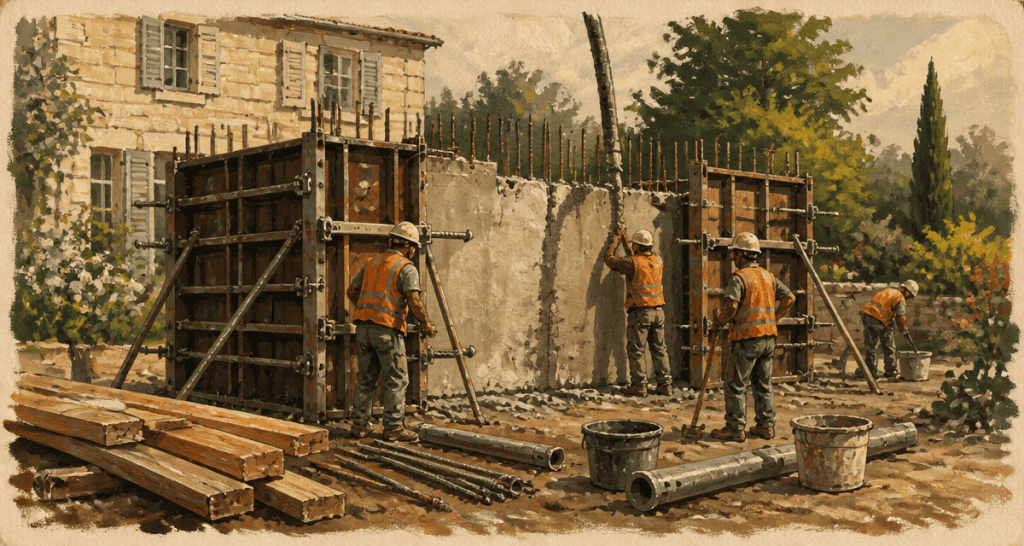 coffrage mur béton entre banches sur chantier