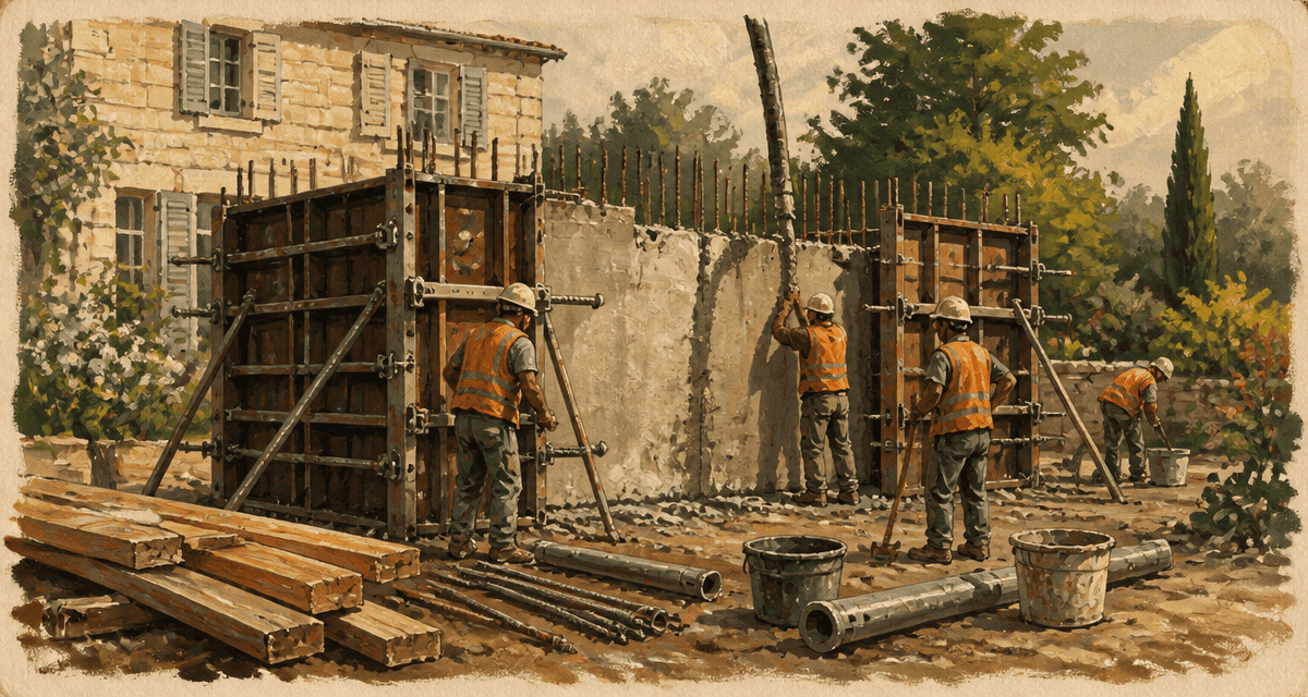 coffrage mur béton entre banches sur chantier