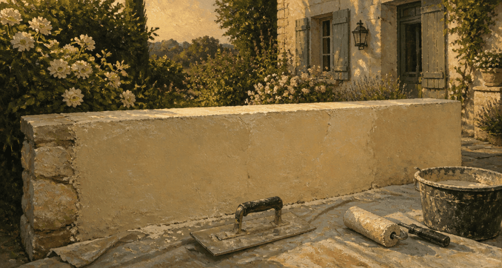 crépi muret outils bâche jardin