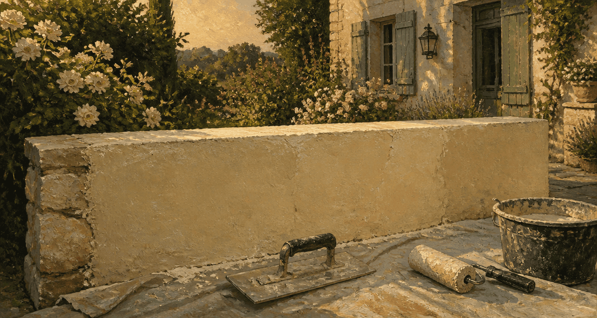 crépi muret outils bâche jardin