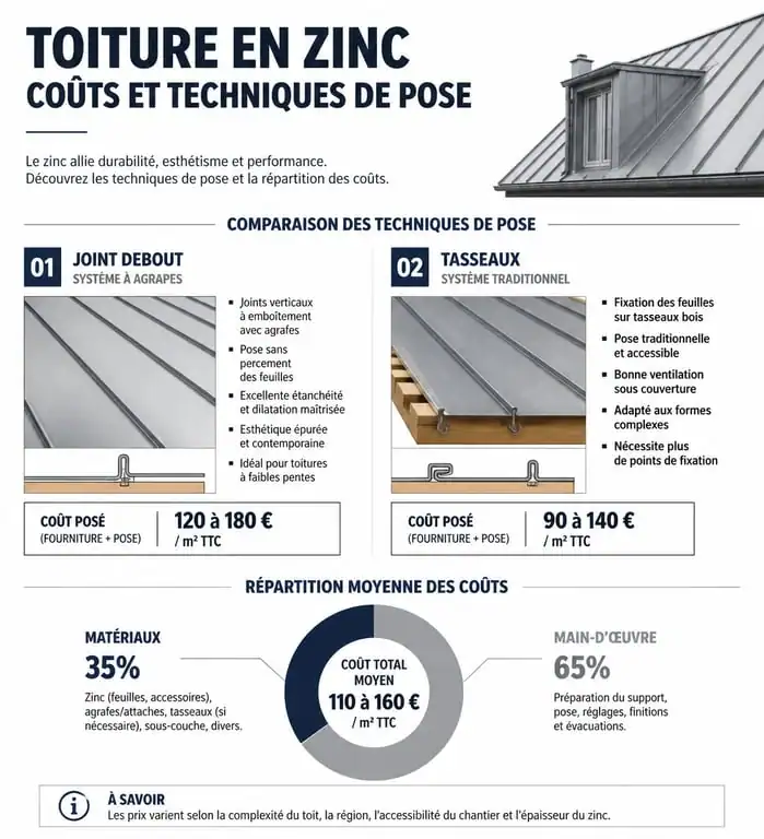 Infographie des prix et techniques de pose pour une toiture en zinc