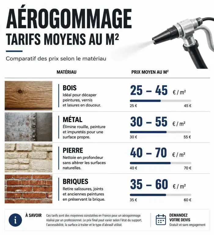 Comparatif des prix de l'aérogommage au m2 par type de support