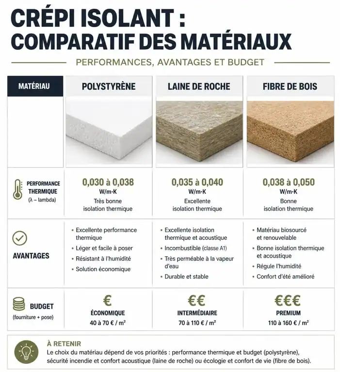 Comparatif des matériaux pour crépi isolant : polystyrène, laine de roche et fibre de bois