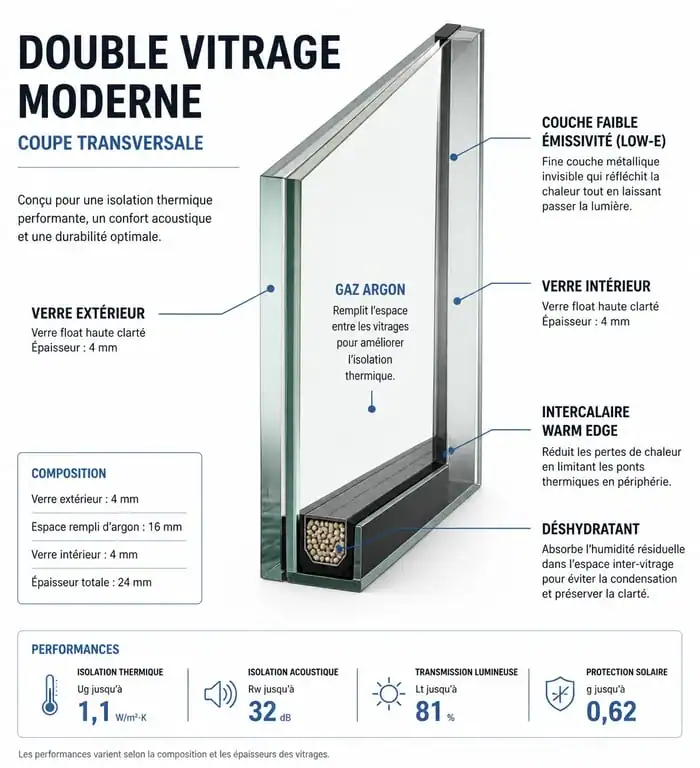 Schéma technique d'un double vitrage performant avec gaz argon et intercalaire Warm Edge pour le remplacement de vitrage