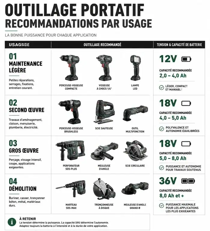 Infographie des recommandations d'outillage portatif par usage et type de batterie