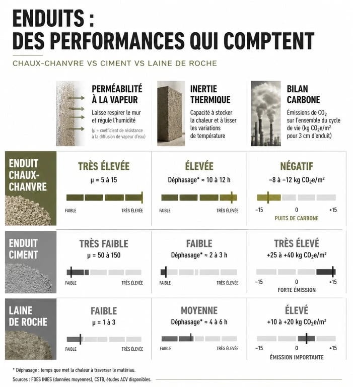 Comparatif des performances techniques : enduit chaux chanvre exterieur vs ciment et laine de roche