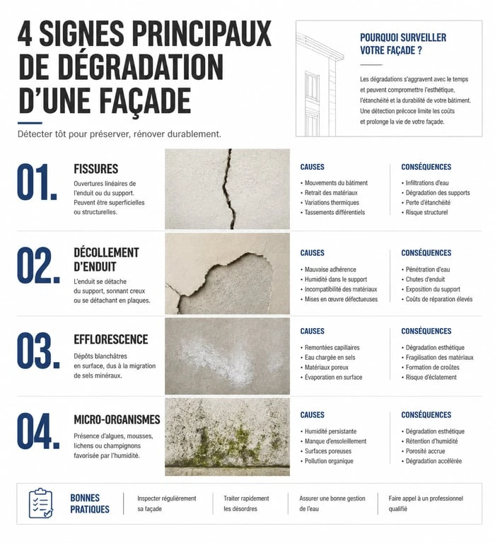 Infographie des signes de dégradation nécessitant un ravalement de façade