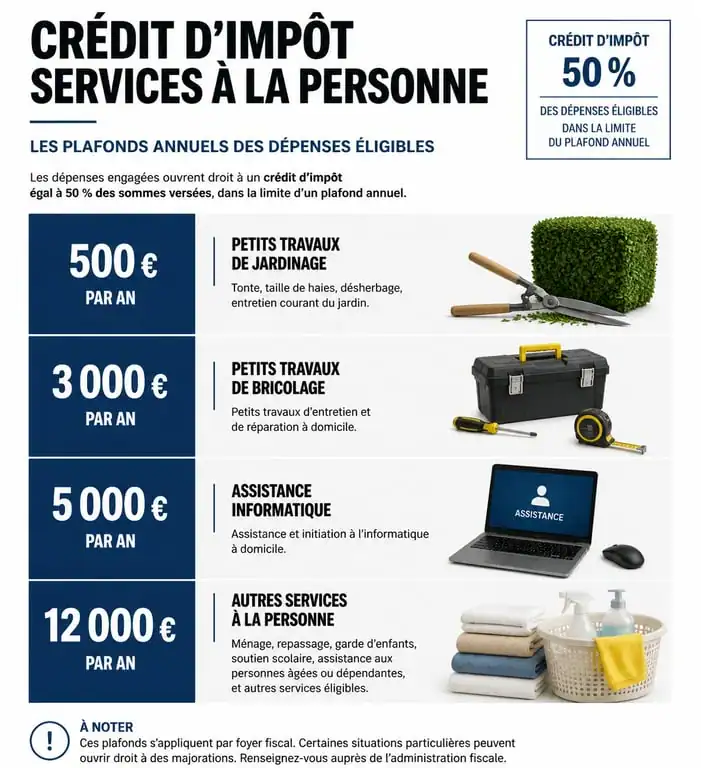 Plafonds et montants du crédit d'impôt pour travaux à domicile et services à la personne