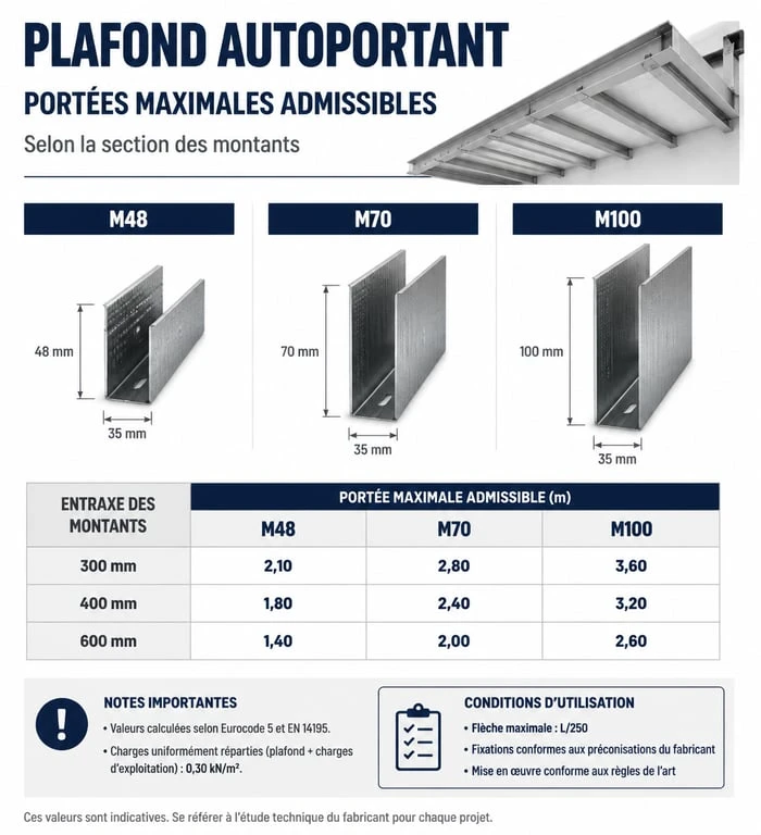 Tableau des portées maximales pour plafond autoportant selon la section des montants