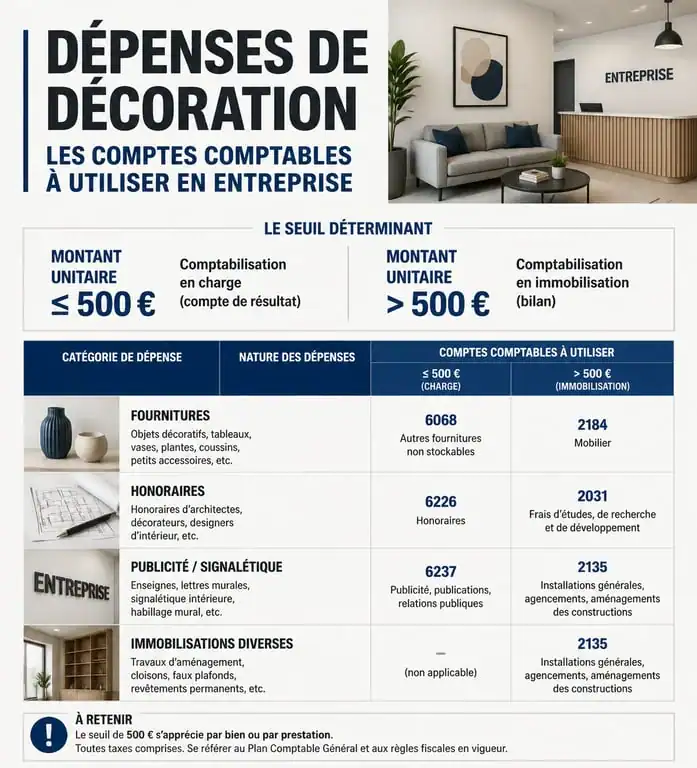 Tableau récapitulatif des comptes comptables pour la décoration d'entreprise