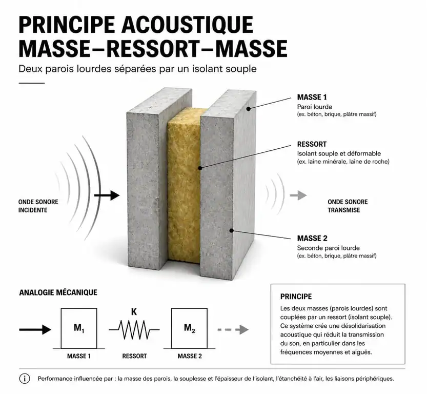 Schéma du principe Masse-Ressort-Masse pour une isolation phonique efficace