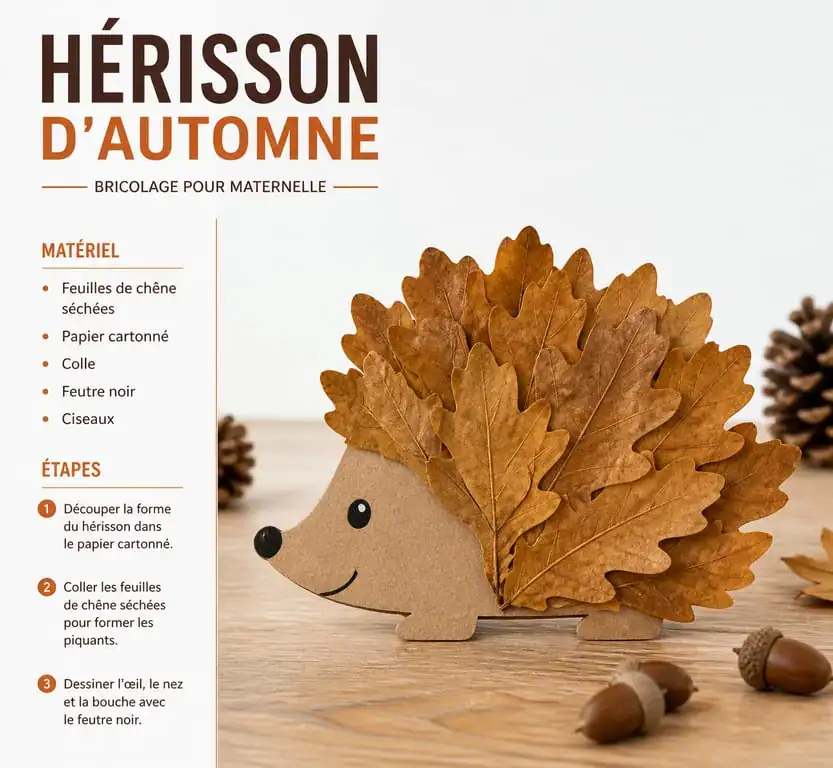 Bricolage automne maternelle : hérisson réalisé avec des feuilles séchées et des éléments naturels