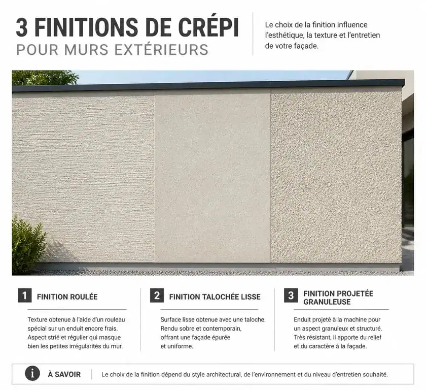 Trois techniques d'application de crépi pour muret : roulé, taloché et projeté