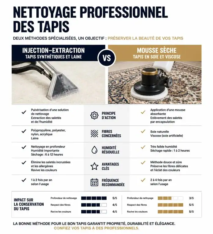 Infographie comparative des méthodes de nettoyage professionnel pour tapis selon la matière et le type de textile