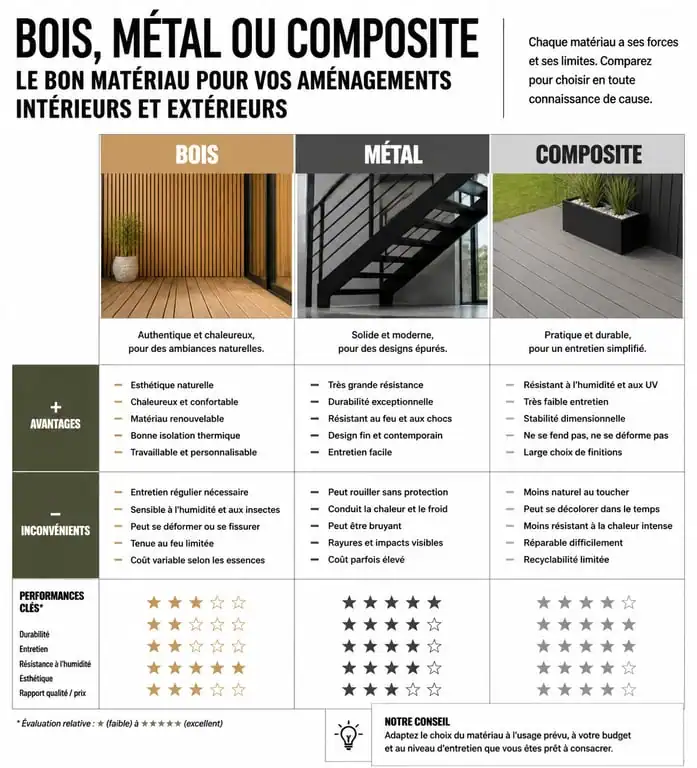Tableau comparatif des matériaux pour mon amenagement maison : bois, métal et composite.