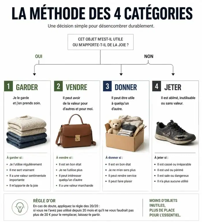 Infographie méthode de tri pour vider une maison : garder, vendre, donner, jeter