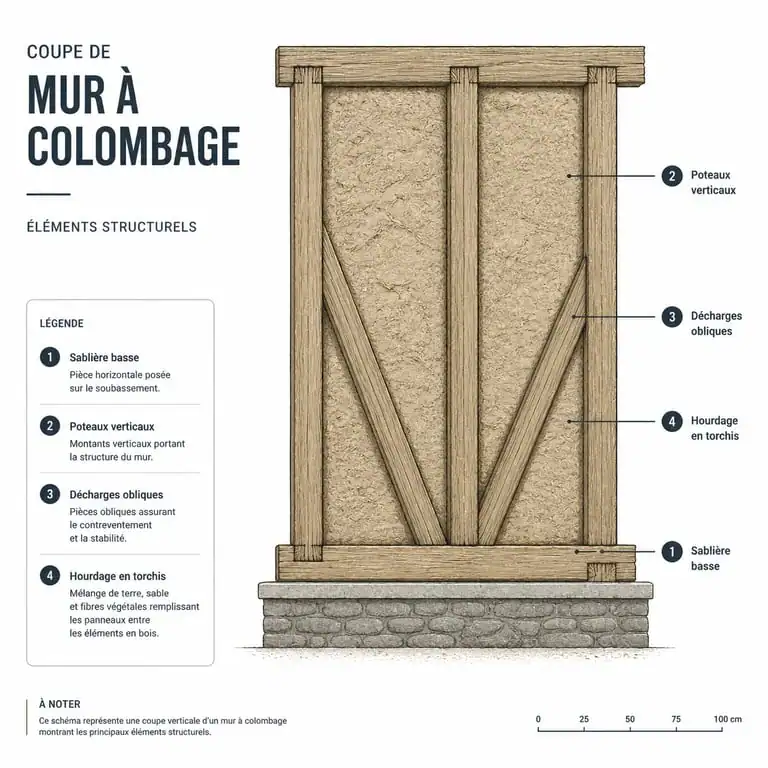 Schéma anatomique d'un mur à colombage avec ses éléments structurels