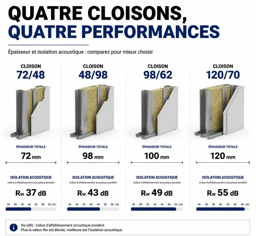Comparatif technique des performances acoustiques et épaisseurs des cloisons 48/98 et autres systèmes