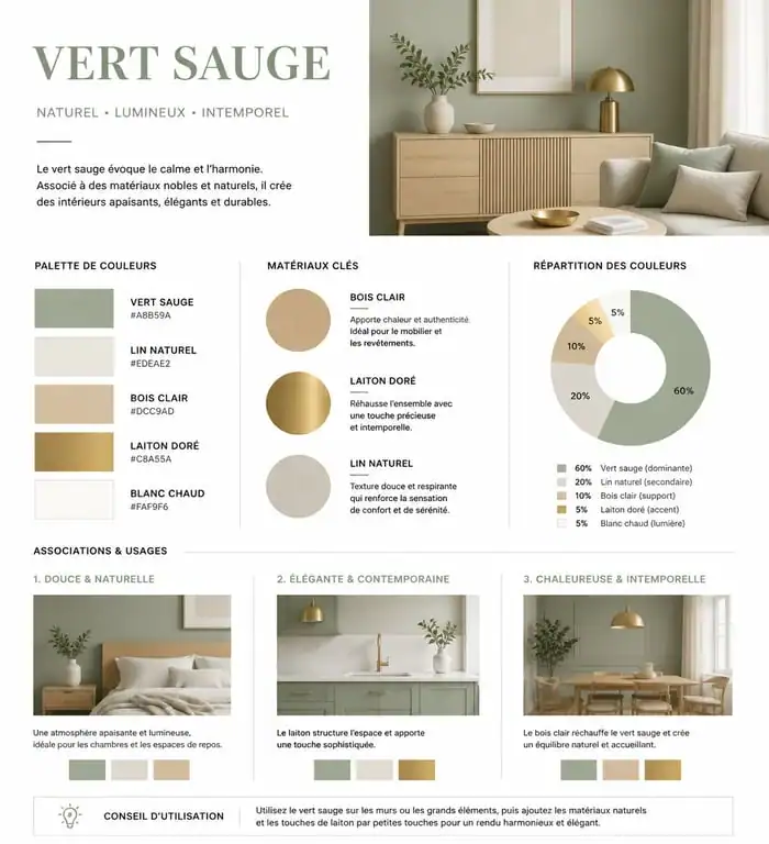Infographie des associations de couleurs et matériaux pour une décoration murale vert sauge