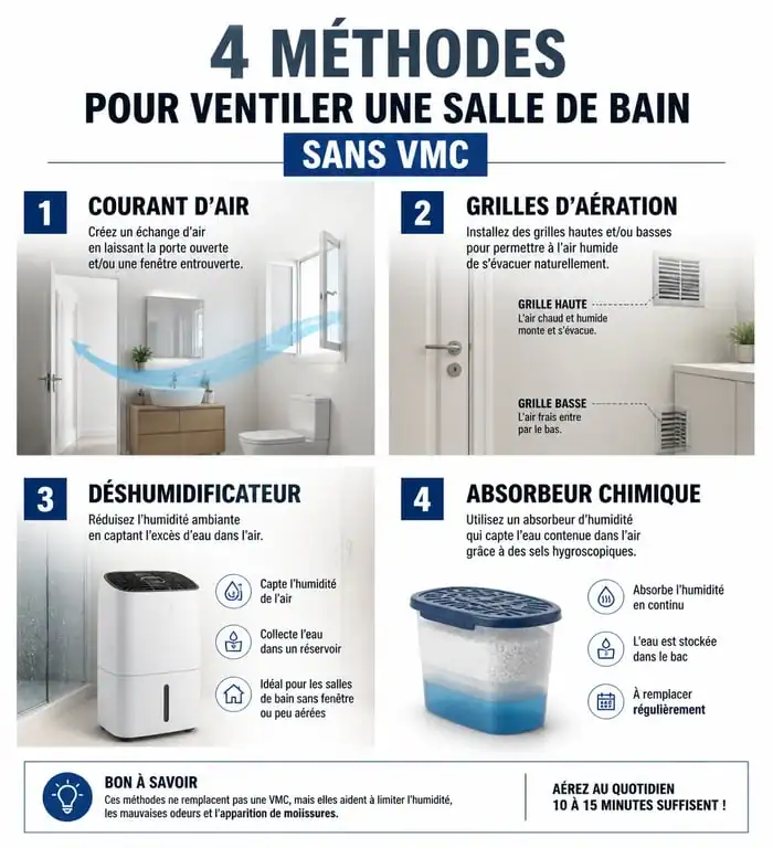 Infographie des solutions pour ventiler une salle de bain sans VMC