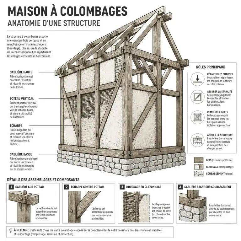 Schéma technique de la structure d'une maison à colombages