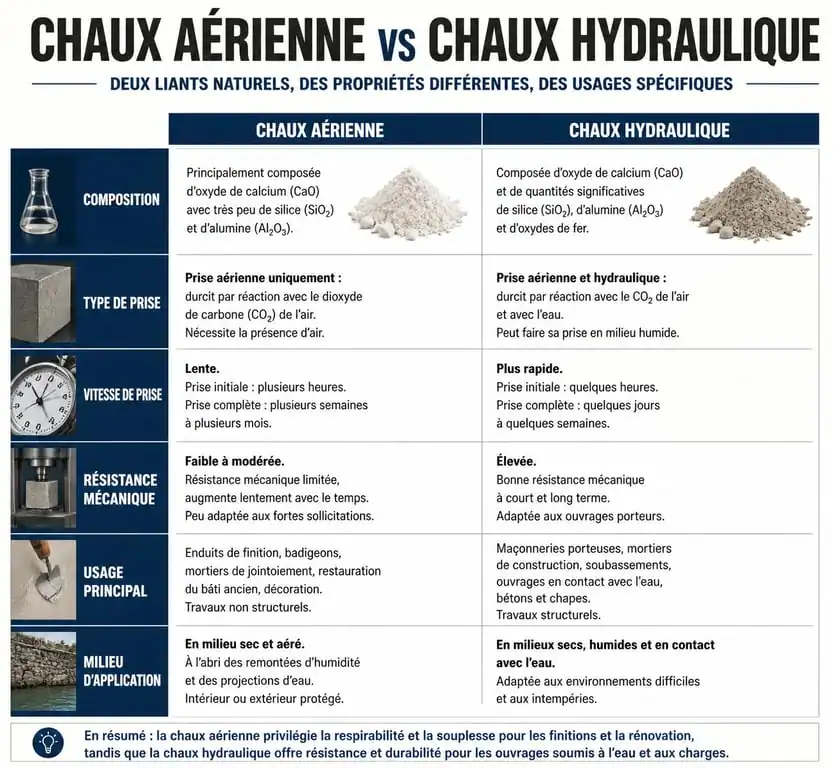 Infographie comparative des propriétés de la chaux aérienne et de la chaux hydraulique pour la rénovation