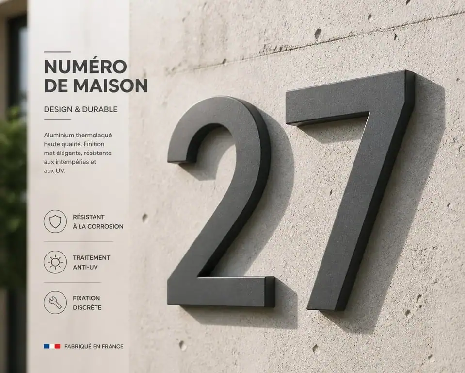 Numéro de maison design en aluminium thermolaqué sur façade moderne