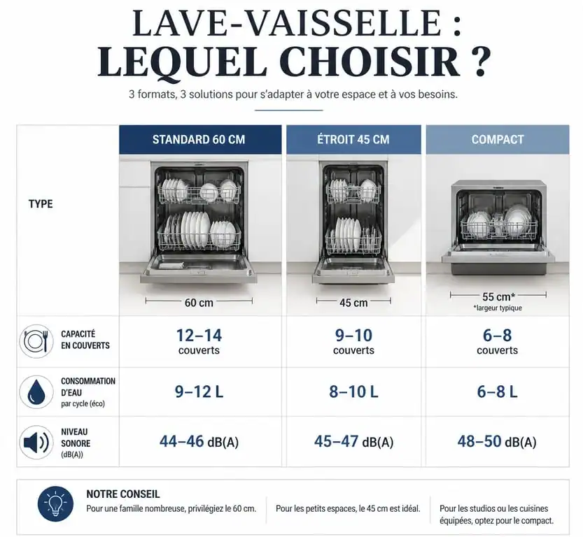 Comparatif des types de lave-vaisselle : standard, étroit et compact pour bien choisir son modèle